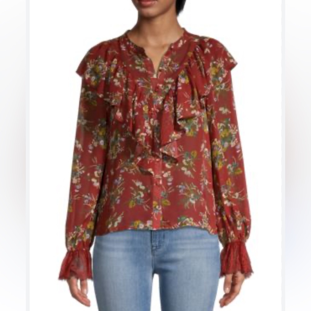 Anthropologie Allison New York Blouse M Floral Ruffle Sheer Lace Victorian Goth